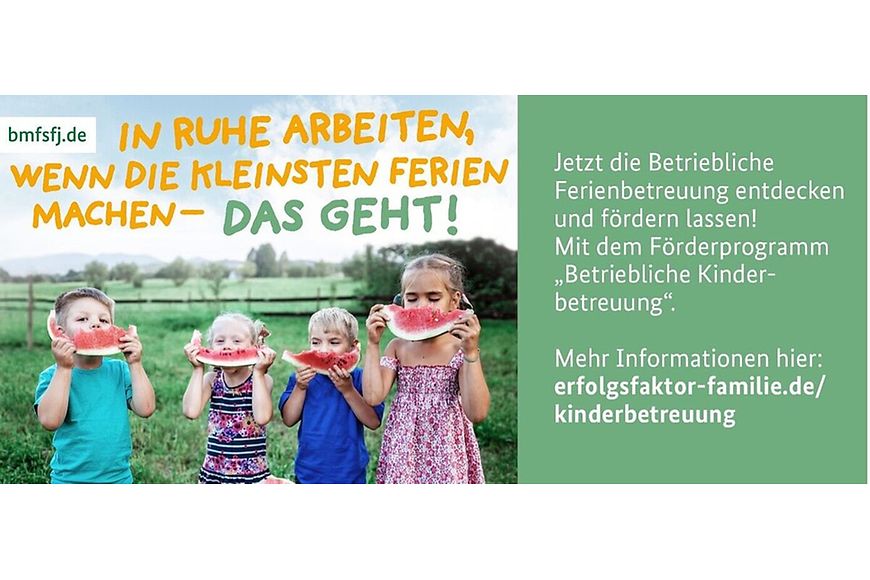 Kinder essen Wassermelonen in Freien mit dem Schriftzug "In Ruhe arbeiten, wenn die kleinsten Ferien machen - Das geht!"