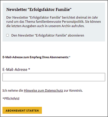 Screenshot des Anmeldeformulars für den Newsletter, Eingabefeld und Box zum anhaken, darunter Button "Abonnement starten"